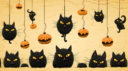 Pattren background of Cartoon Mischievous black cats in different poses: playing with a ball of ghostly yarn, wearing oversized monster masks, or taking a nap inside a pumpkin