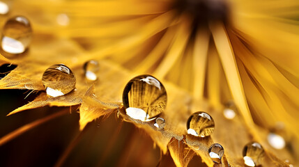 Water drops on dandelion seed macro in nature in yellow Generative Ai
