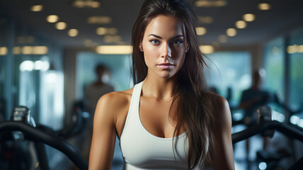Fototapeta premium Woman on stationary exercise bike, maintaining a healthy lifestyle, focused on exercises.