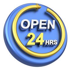 24 hours icon. Open all day. 3D illustration.