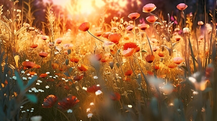 Wildflowers in sunset light Blooming spring Generative Ai 