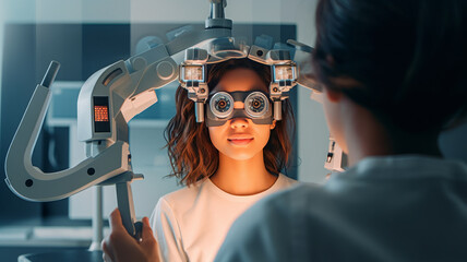 photography, cinematic atmosphere, woman getting an eyetest exam in a high tech exam room.