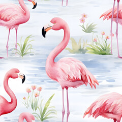 Watercolor pink flamingo seamless pattern