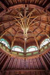 Interior view of the wooden dome of the refreshment room, near the historical mineral water source in Evian-les-Bains, Haute Savoie, France