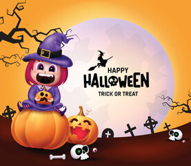 Happy halloween text vector design. Halloween trick or treat greeting in full moon elements with cute girl witch and pumpkins decoration. Vector illustration card party invitation background.
