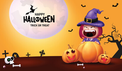 Happy halloween text vector design. Halloween trick or treat greeting with little girl witch character in graveyard night background. Vector illustration horror spooky card.
