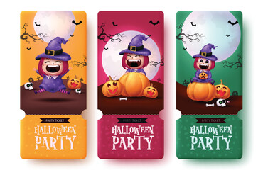 Halloween party ticket set vector design. Halloween party tags and sticker collection with cute witch character and pumpkin elements in graveyard background. Vector illustration party ticket lay out.

