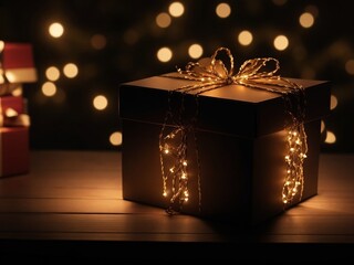 A charming dark brown gift box wrapped with string lights, surrounded by soft, blurred string light bulbs in the dark night.