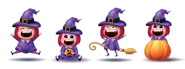 Halloween girl witch characters set vector design. Halloween witch little cute sorcerer wearing costume with flying broom elements isolated in white background. Vector illustration witch cute girl 