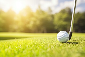 Close-up of a golf ball lying on an untouched tee with a golf club nearby. Putting the drive in the ball.