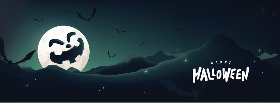 Happy Halloween banner night scene landscape with firefly and bats flying and moon in halloween pumpkin face