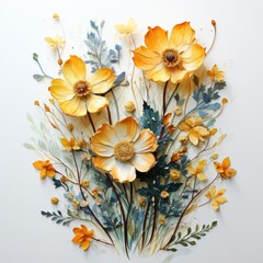 cute tiny yellow flowers, watercolor painting - obrazy, fototapety, plakaty