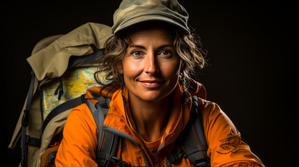 Empowering image of an adventurous, 50-year-old woman clad in hiking gear, prepared for exploration with map and compass against a simple background.