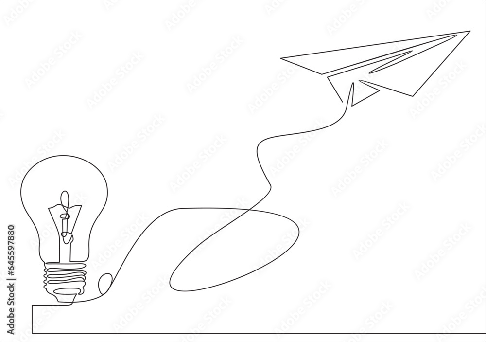 Poster paper plane flying up connected with light bulb in one continuous line drawing. airplane in outline 