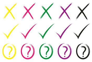 Set of flat check and cross buttons. Round signs and different line thicknesses, green and red. Vector graphics.