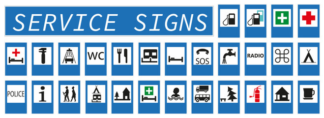 Road signs. Vector European road service signs. Set of road signs.