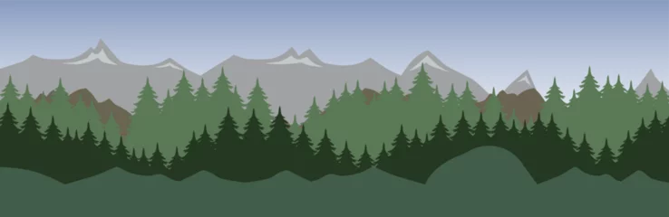 Fototapeten Khaki Natural landscape. Background illustration of a beautiful mountain landscape with green forest.  © Alex Darts