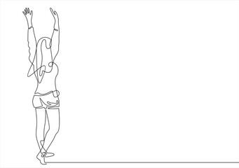 Continuous line art or One Line Drawing of a woman stretching arms is relaxing picture vector illustration