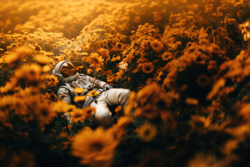 ein Astronaut liegt in einem gelben Blumenfeld, an astronaut lies in a yellow flower field - obrazy, fototapety, plakaty
