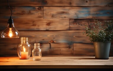 Fototapeta na wymiar Empty wooden table and vase on grunge background. Mock up, 3D Rendering