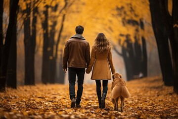 Loving couple walking with golden retriever dog in park at autumn