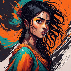 Naklejka premium Beautiful Girl Portrait Art. Colorful Holi Fest girl. İndian holi fest poster, india holi fest girl.