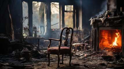 photograph of Aftermath of a house fire. Ruined house interior in building after fire. Burned walls and furniture.generative ai
