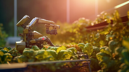 Agricultural technology concept, Smart farm and Automatic robot mechanical arm harvesting vegetables.generative ai