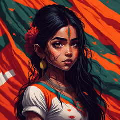Beautiful Girl Portrait Art. Colorful Holi Fest girl. İndian holi fest poster, india holi fest girl.