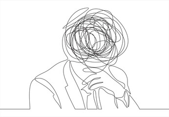 Continuous one line drawing of man head with messy thoughts worried about bad mental health. Problems, stress, headache and grief concept in doodle style. Linear Vector illustration
