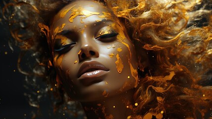 A woman with gold makeup and gold background