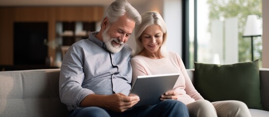 Mature couple sitting on the sofa at home and using digital tablet Shot of a mature couple using a digital tablet while relaxing on their sofa