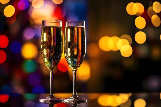 Two champagne glasses on glass table with bokeh background. A sparkling wine glasses and garland lights. New Year, Christmas mood. Greeting card. Party and holiday celebration, image is AI generated