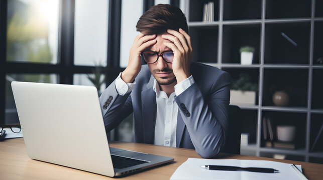 Tired, stressed businessman in his office, overworked creative entrepreneur. Frustrated businessman with head in hands at desk in front of his laptop