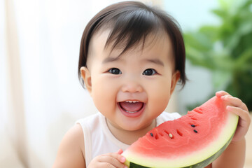 Baby's First Watermelon: 6-Month-Old Asian Girl Discovers the Joy of Juicy Fruit