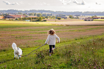 Little preschool girl walking with her dog. Cute kid and family pet in nature, fields and forest in...