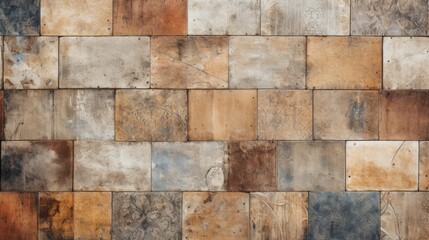 Old brown gray rusty vintage worn geometric shabby mosaic ornate patchwork motif porcelain stoneware tiles stone concrete cement wall texture background square pattern - obrazy, fototapety, plakaty