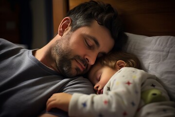 family concept father holding baby boy sleeping in arm together on white soft cosy comfort pillow at home dad son spending time together
