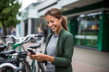 Fotobehang Woman renting electric bicycle through smart phone at parking station,Young Beautiful Woman With Smartphone Renting Bicycle From Bike Share Service In The City © VERTEX SPACE