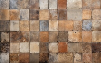 Old brown gray rusty vintage worn geometric shabby mosaic ornate patchwork motif porcelain stoneware tiles stone concrete cement wall texture background square pattern