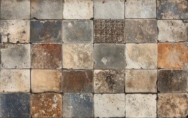 Old brown gray rusty vintage worn geometric shabby mosaic ornate patchwork motif porcelain stoneware tiles stone concrete cement wall texture background square pattern