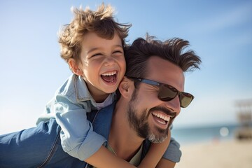 happiness positive family Playful young father and little son enjoying sunny afternoon in shopping urban city, father carrying boy on shoulders smiling togetherwith bokeh city light