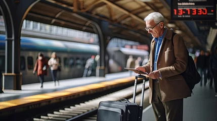 Abwaschbare Fototapete Schiff old senior businessman wear suit wating for train while reading news from paper or tablet he is standing on train station paltform daytime transportation concept