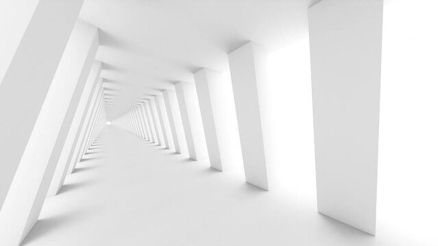 Futuristic empty white corridor with columns and bright light. Seamless looping animation