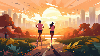 vector art of close up legs of two runners running in park on sunrise.generative ai