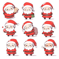 Collection of Santa Claus character stickers, on white background, Chibi cute style.