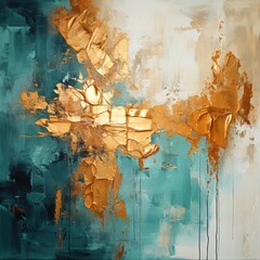 Thick Palette knife painting of Abstract Painting, Gold and Teal Theme - obrazy, fototapety, plakaty