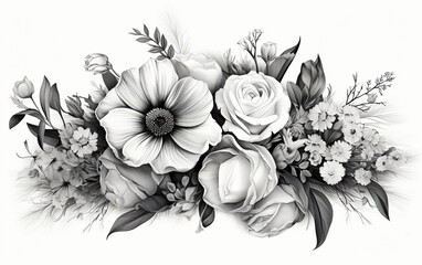 Bouquet of flowers on white background. Black and white illustration