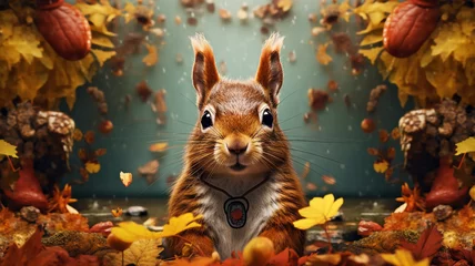 Rolgordijnen Fantasy squirrel in a beautiful autumn garden © Tierney