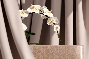 Instead of terrazzo stone in the backdrop, flowing beige curtains and white orchids. Choose a focus...